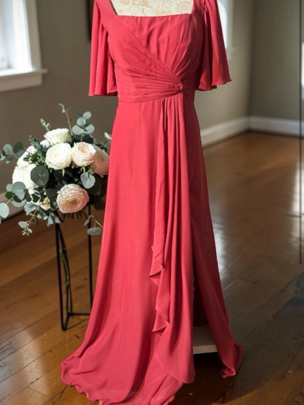 Elegant Red Maxi Dress with Draped Front and Flutter Sleeves